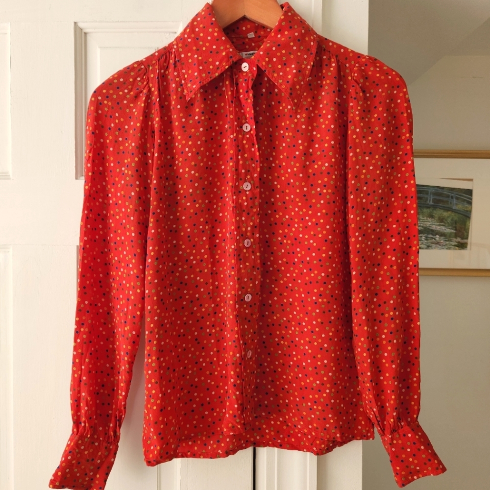 Saint Laurent Red Polka Dot Silk Blouse